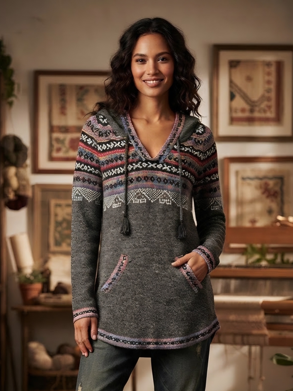 Papillon V-Neck Hooded Pullover Sweater - Gray with Pink & Blue Accents Size XL